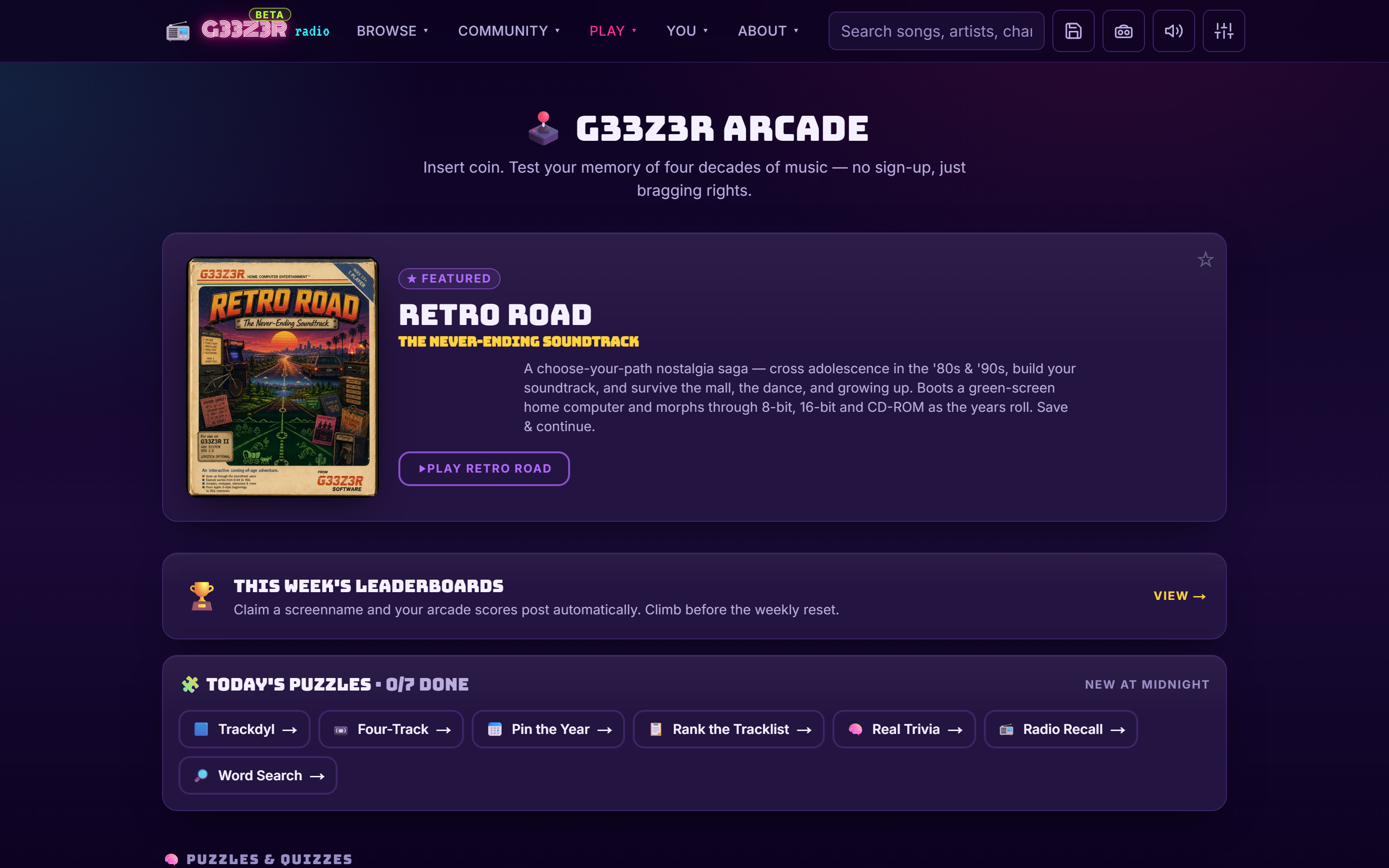 The G33Z3R Arcade hub — Retro Road box art, weekly leaderboards, and the daily puzzle row