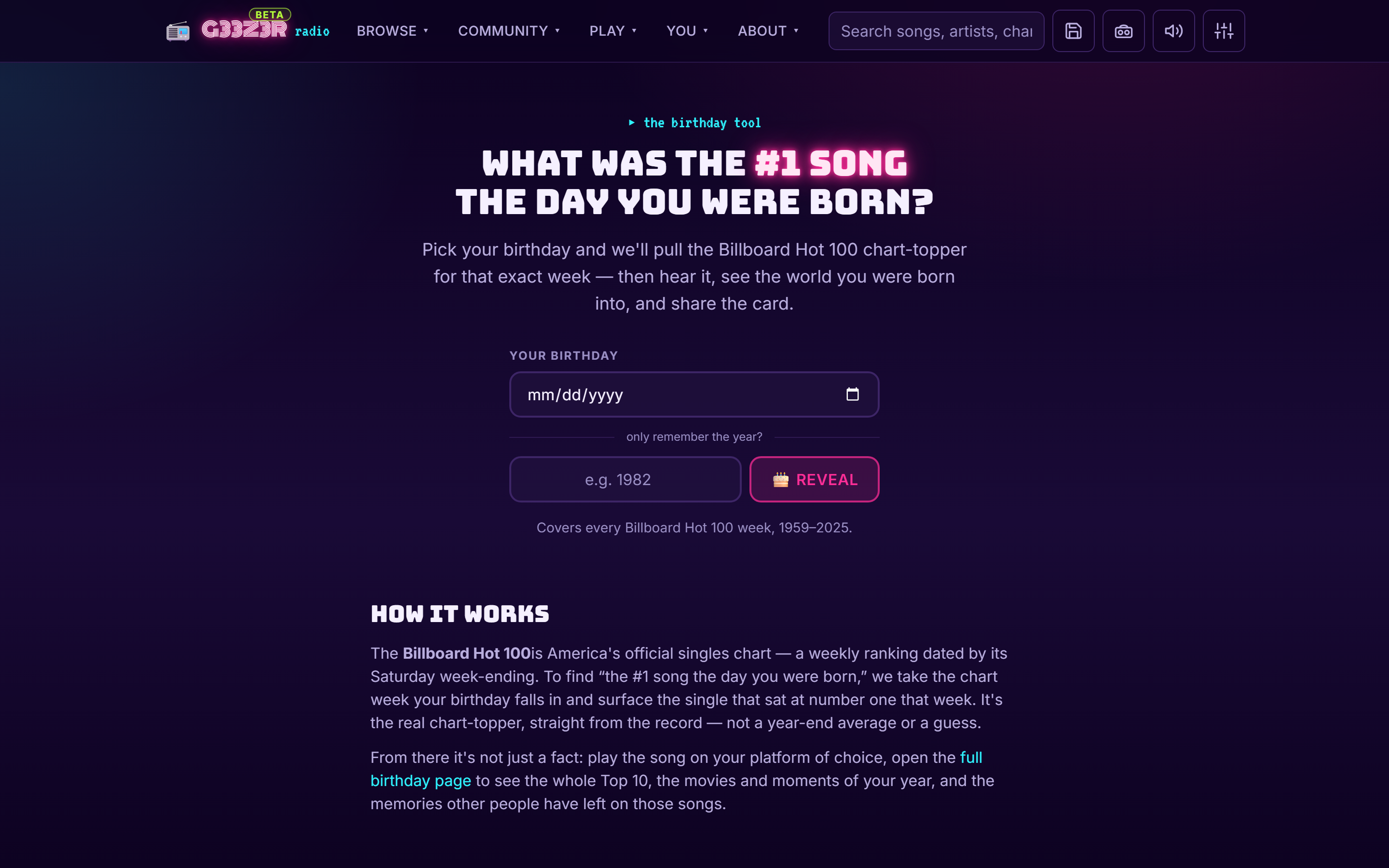 The #1 Song On Your Birthday tool — a date picker over the Billboard Hot 100 archive