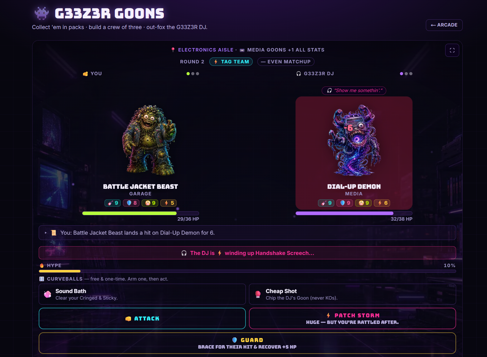 G33Z3R Goons battle screen — Battle Jacket Beast versus Dial-Up Demon