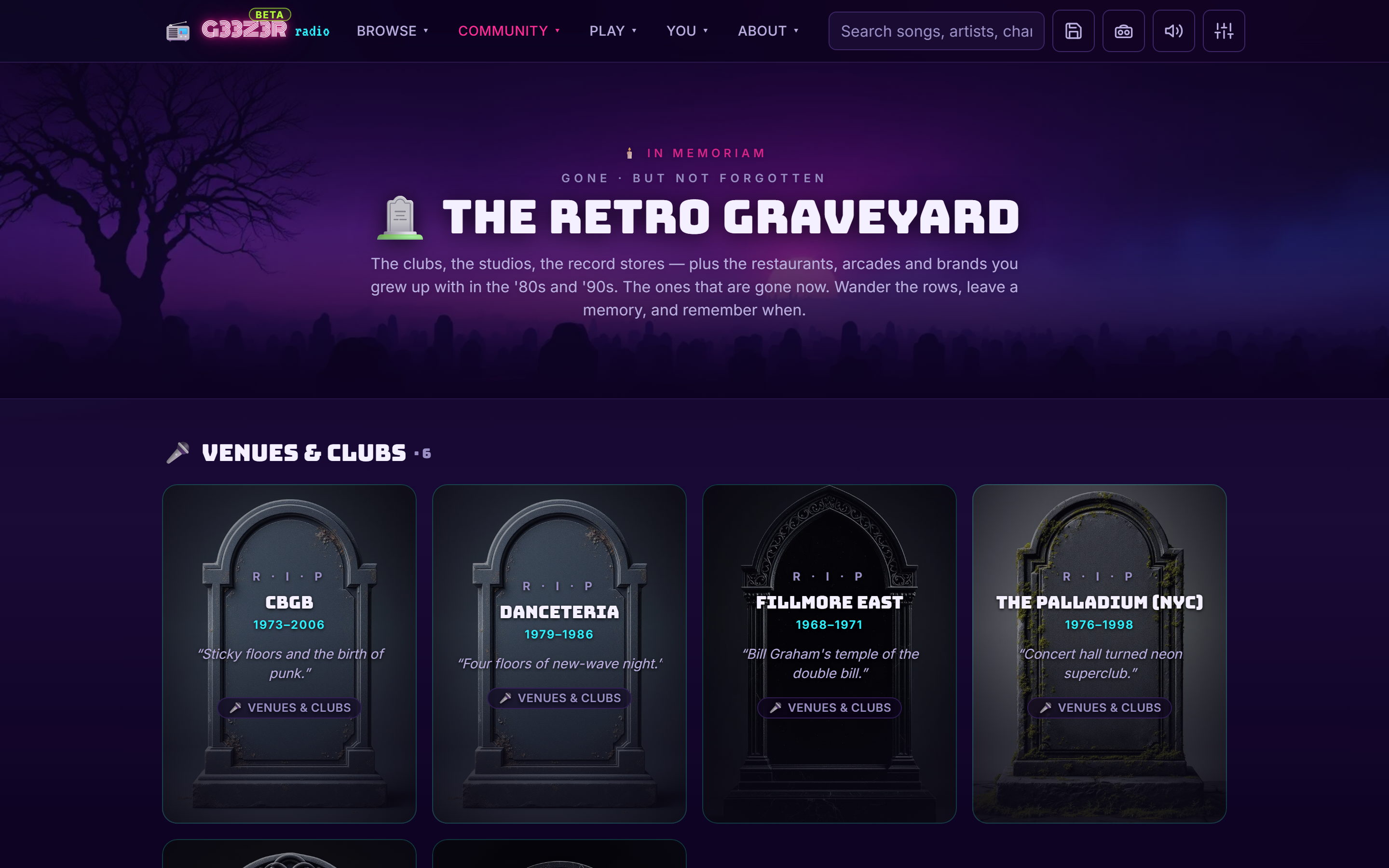The Retro Graveyard — headstone cards for CBGB, Danceteria, Fillmore East and The Palladium