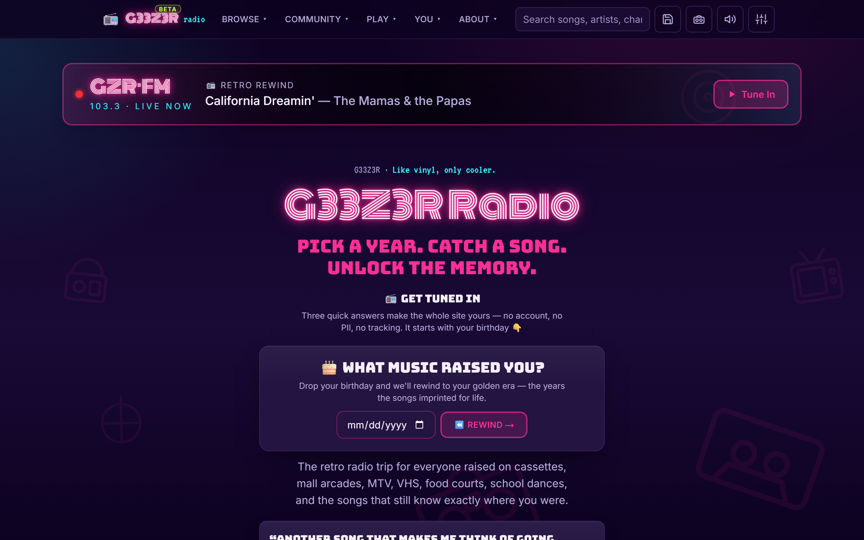 G33Z3R Radio homepage — the GZR-FM live bar, the neon wordmark, and the birthday rewind prompt